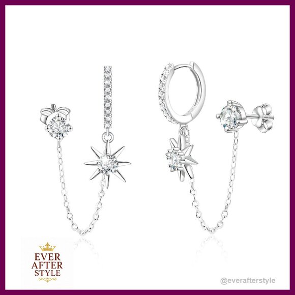 Sterling Silver Double Piercing Chain Earrings Elegant Layered Dangle Studs - Picture 1 of 8